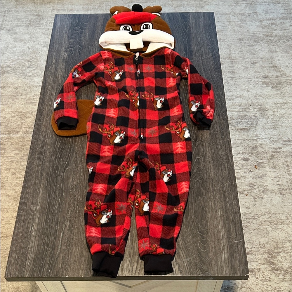 Bucees Kids Red Plaid Beaver One Piece Halloween pajamas 3T